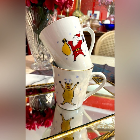 Lot Of 2 Vintage Merry Brite Porcelain MERRY CHRISTMAS Mugs: Santa • Reindeer - Picture 1 of 9